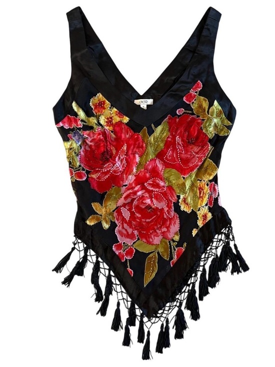 Cache Tops - Cache Vintage Y2K Red Floral Burnout Cowl Neck Fringe Tank Top small
